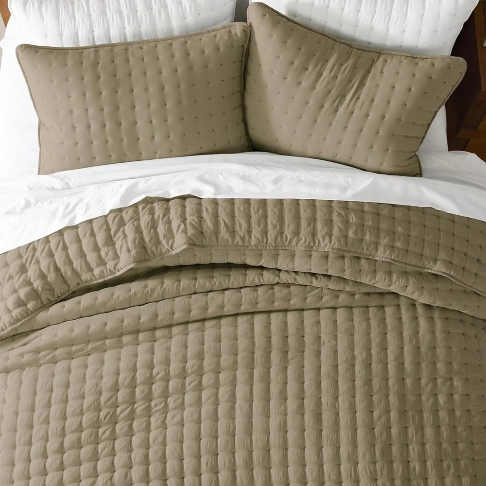 🆕 PB Style King Quilt Set Tufted Classic Taupe 3 Piece Luxury Hotel Bedding
